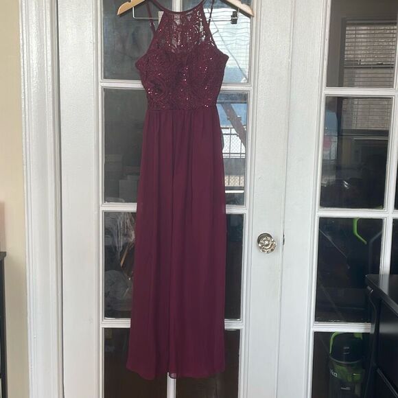 Preowned speechless burgundy lace halter top maxi gown dress junior teen size 3 - Picture 3 of 14